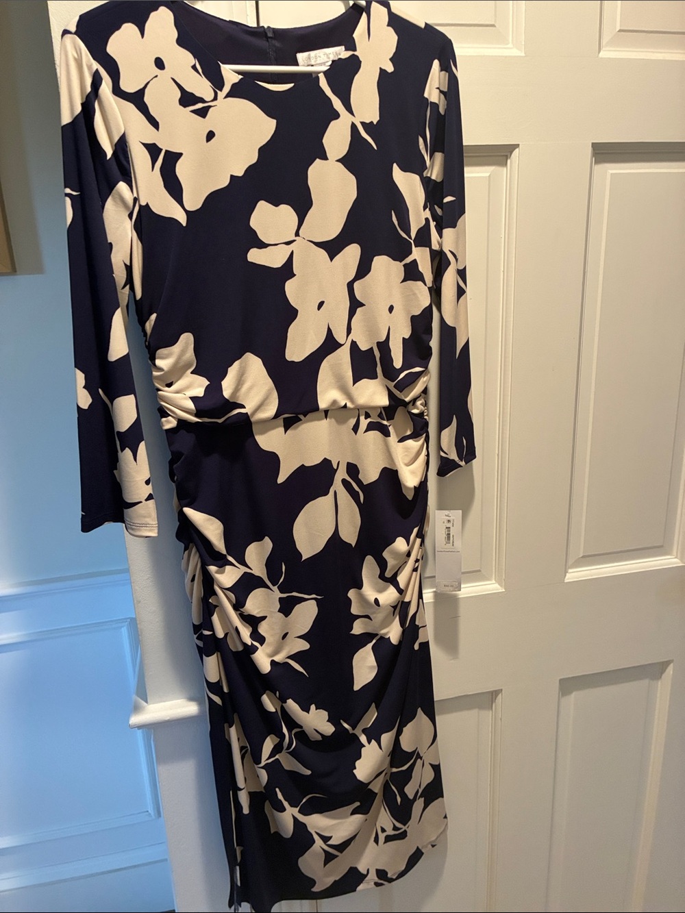 Navy and Cream Floral Long-Sleeve Midi Dress